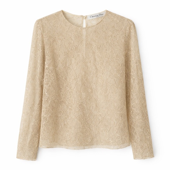 Dior Tops - Christian Dior Beige Tan Lace Long-Sleeve 100% Silk Top, Size US 8